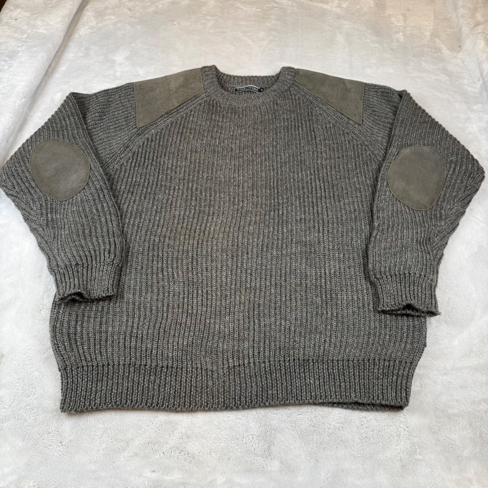 WoolOvers Mens British Wool Sweater XL Gray Ribbed Knit Elbow Patch Crew Neck